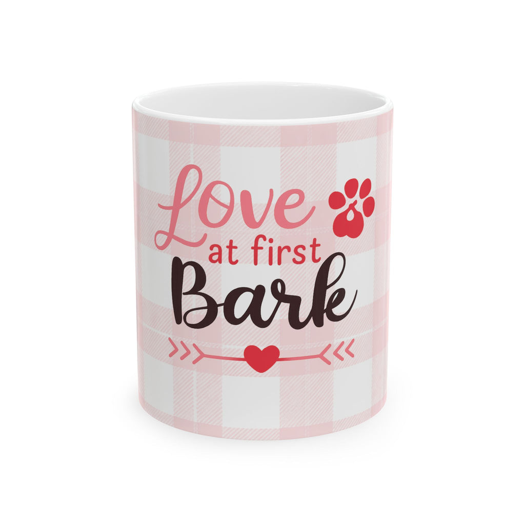 Love at First Bark Pink Plaid Ceramic Mug (11oz, 15oz)