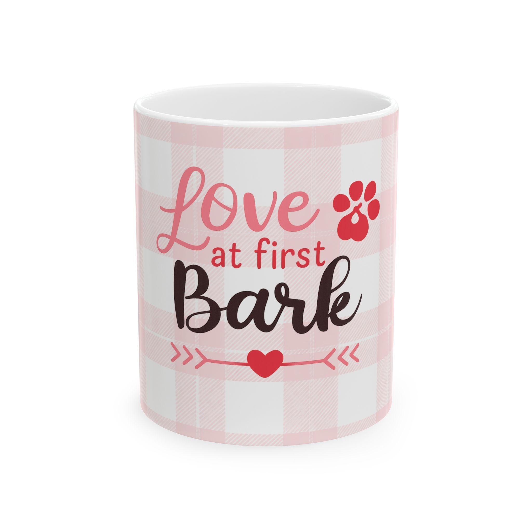 Love at First Bark Pink Plaid Ceramic Mug (11oz, 15oz)