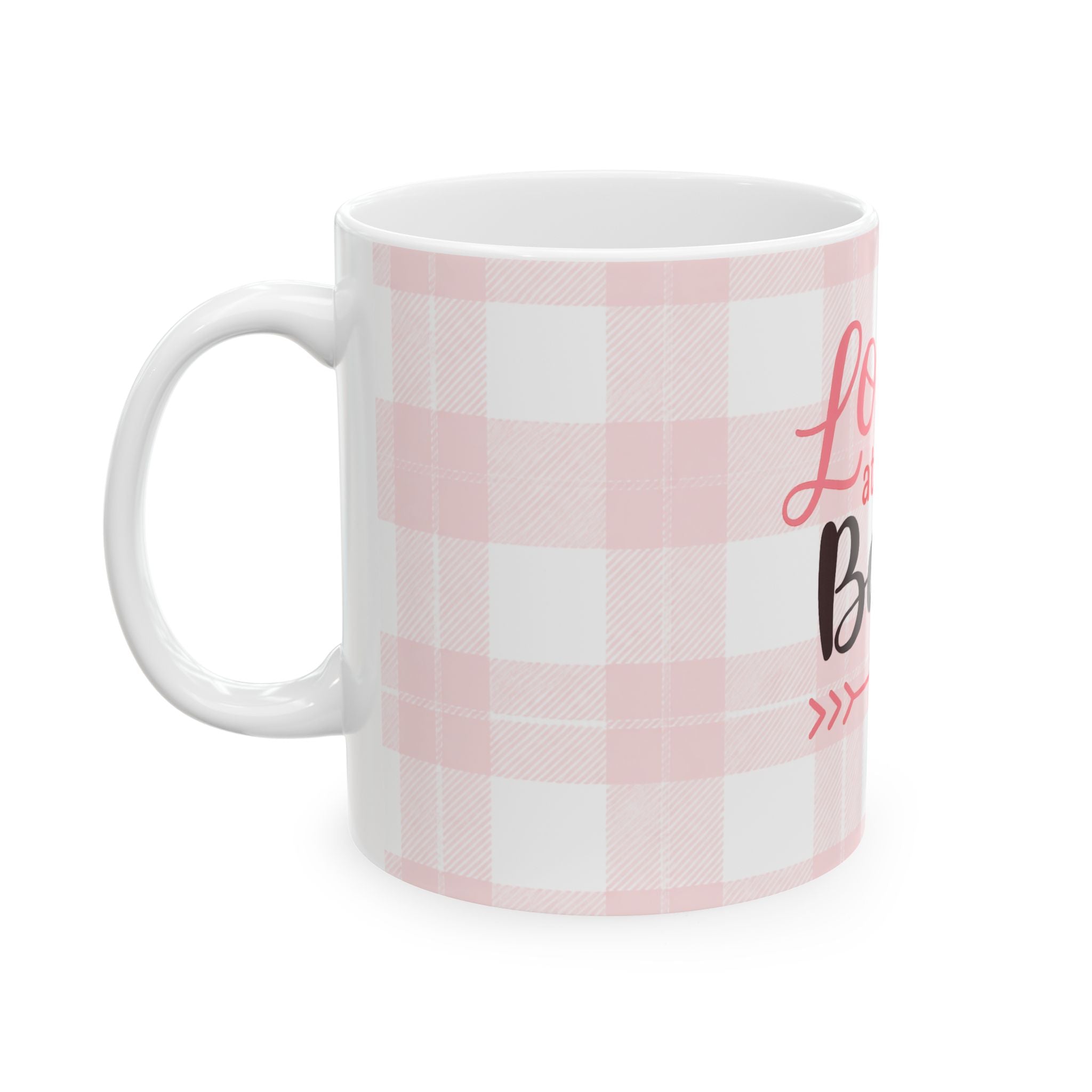 Love at First Bark Pink Plaid Ceramic Mug (11oz, 15oz)